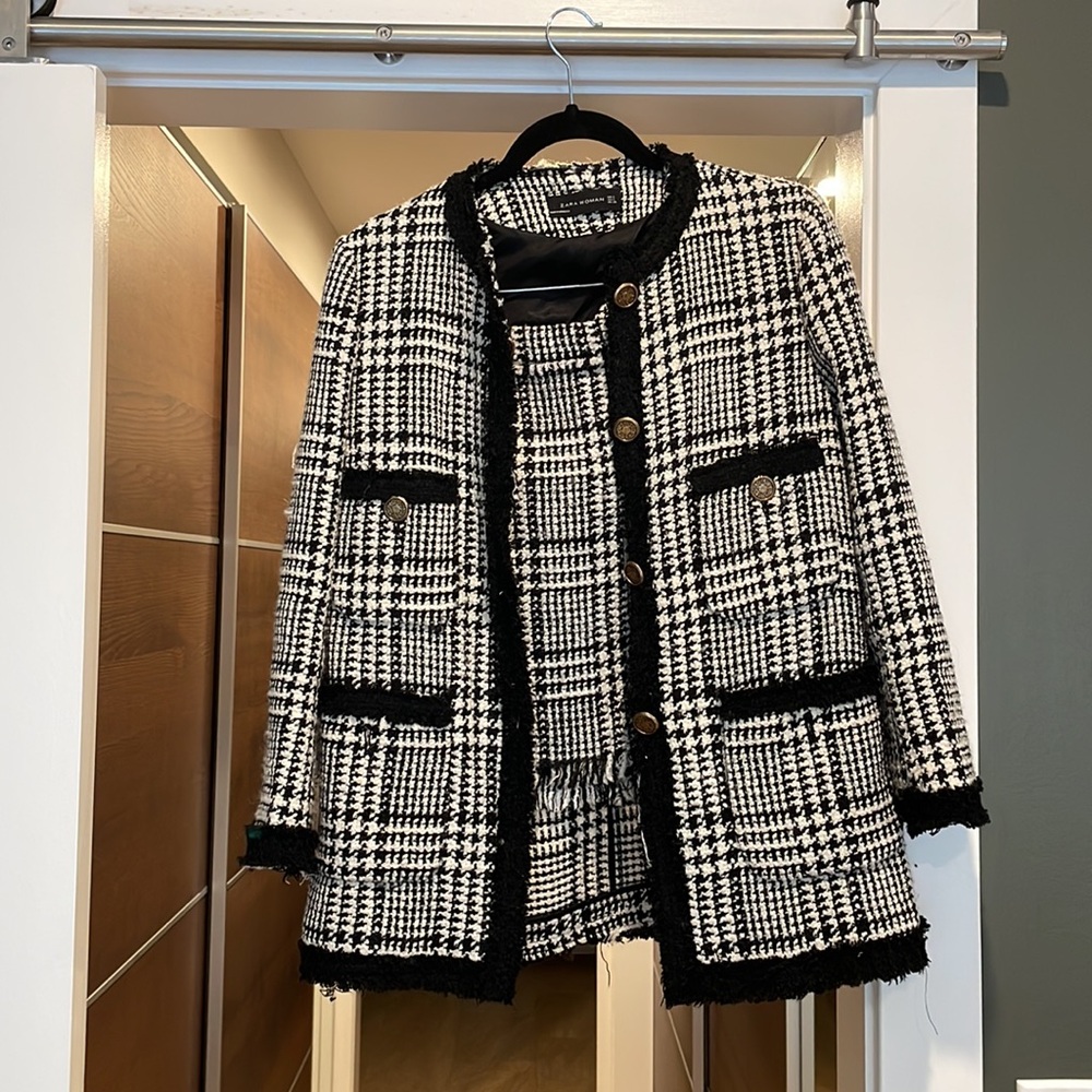 Zara Black and White Tweed Blazer and Skirt Matching Set